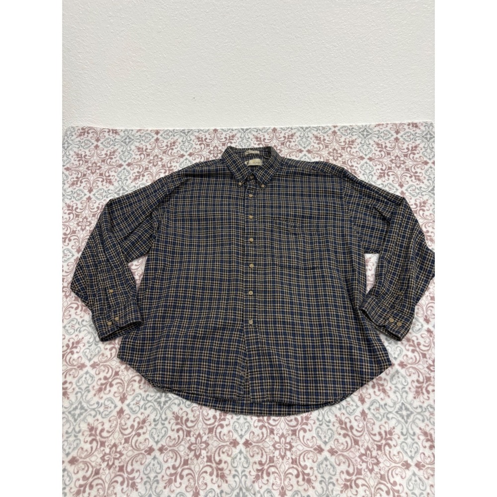 Bill Blass Menswear Plaid Flannel Button Down Shirt Navy Tan XXL Long Sleeve